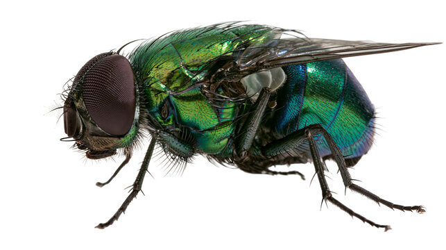 Metallic green bottle fly with iridescent exoskeleton and compound eyes
