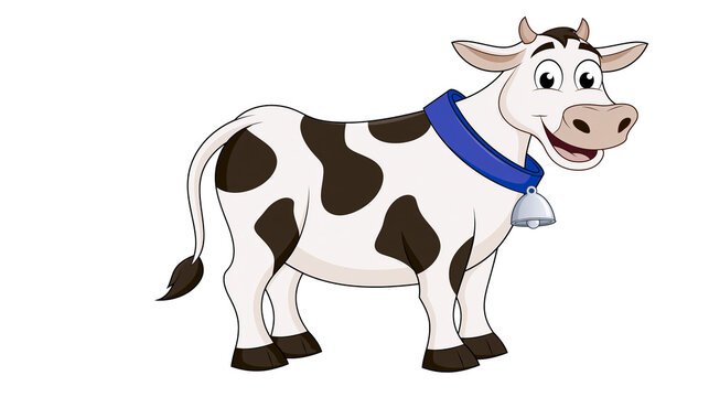 Happy cartoon cow with black spots and a blue collar with a silver bell