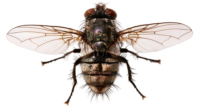 Detailed macro close-up of a common housefly with translucent wings and hairy body