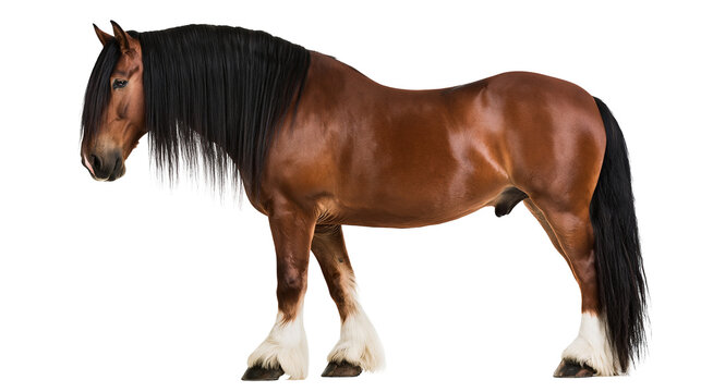 Brown Shire horse with long black mane and white feathered legs standing sideways