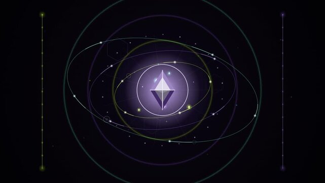 A minimalist digital design illustrates a central geometric shape surrounded by orbiting rings.