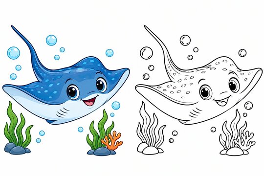 Cute pixel art stingray character and its black and white line drawing