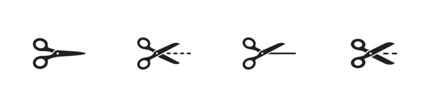 Scissors icon set. Tailor scissors, straight cut line, dashed line cutting and barber shears. Vector illustration.