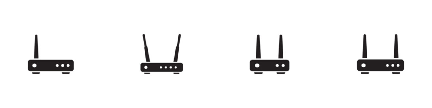 Wi-Fi router icon set. Wireless internet modem, network router with antennas, broadband connection and hardware device. Vector illustration.