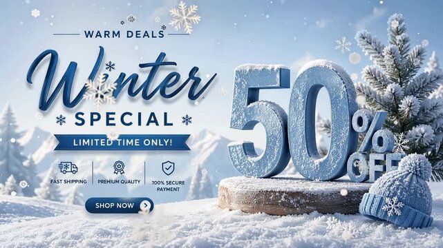 Winter sale banner with 50 percent discount, snowy trees and festive seasonal shopping promotion