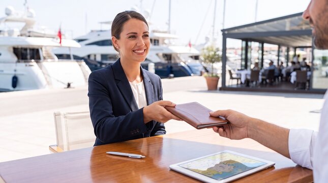 Smiling woman in business suit handing leather notebook to man at table in yacht marina. Luxury harbor with boats and restaurant terrace in background.