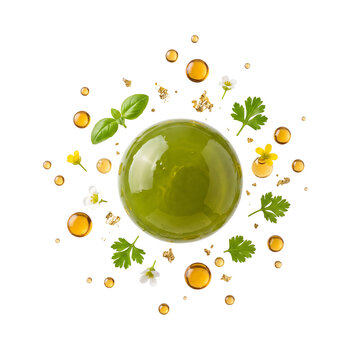 Top view of molecular gastronomy spherical olive with floating oil drops isolated on transparent background
