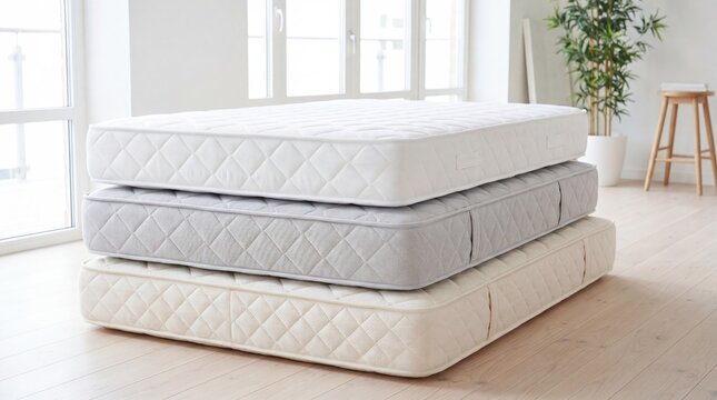 Stack of three quilted mattresses in white, grey and beige tones. Bright bedroom interior with wooden floor, window and green plant. Comfortable sleep and furniture store concept.