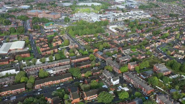 Aerial Video of Oldham Residential Suburbs Hospital Complex and Boundary Park Stadium
