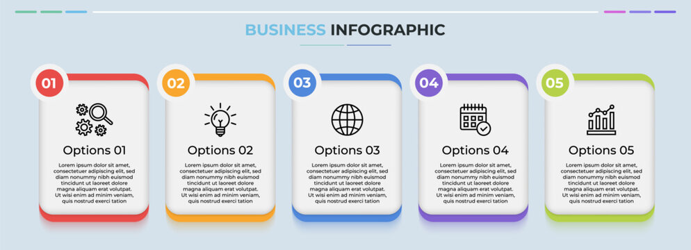 Modern flat business infographic template with five steps process cards for presentation