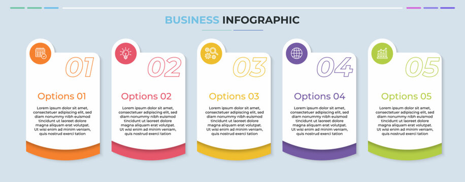 Modern flat business infographic template with five vertical paper cards for workflow process presentation