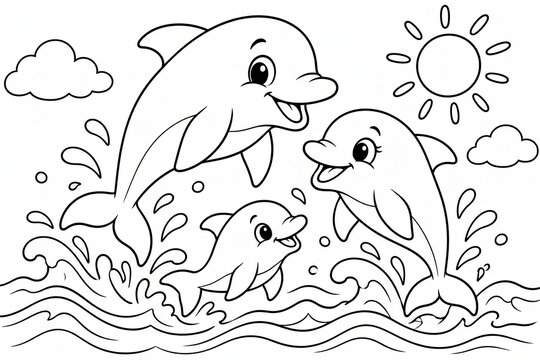 Two cute dolphins jumping in the ocean waves for a coloring page