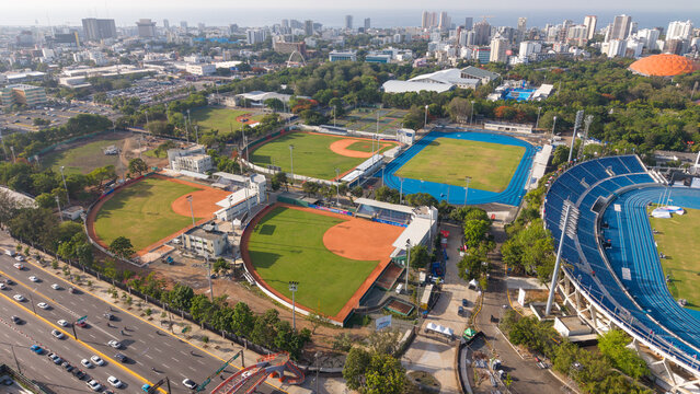 Aerial view of the Centro Olimpico Juan Pablo Duarte featuring baseball fields and stadium facilities in Santo Domingo, Distrito Nacional, Dominican Republic.