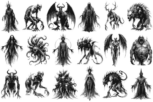 Dark Fantasy Creatures and Demonic Monsters Grayscale Illustration Set