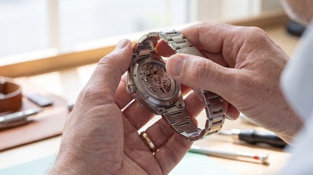 Watchmaker hands holding mechanical wristwatch with visible movement. Closeup of repair work at workbench with tools in workshop.