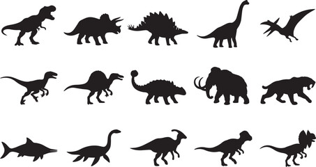 Fototapeta premium Set of black silhouettes of prehistoric dinosaurs, ancient reptiles, and extinct mammals with names labeled in a grid layout