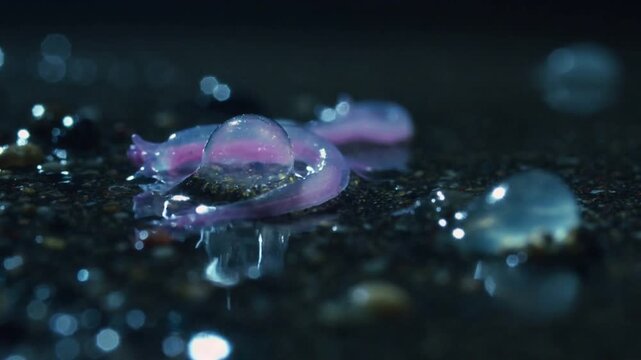 Crawling front translucent pink-blue sea slug probing wet pebbles after bubble touch