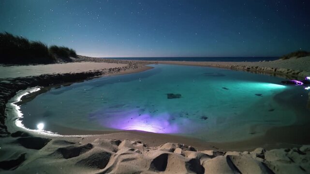 Right shore lamp making concentric teal rings pulsing across tidal pool at night