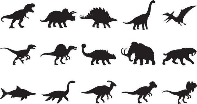Set of black silhouettes of prehistoric dinosaurs, ancient reptiles, and extinct mammals with names labeled in a grid layout