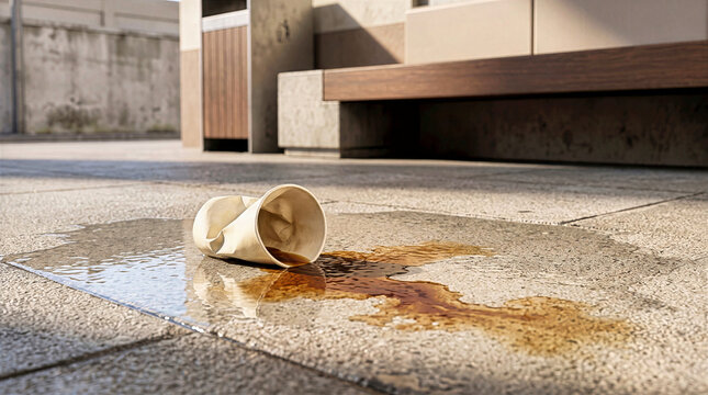 Crushed disposable paper coffee cup lying on sunlit concrete pavement with a spilled dark liquid coffee puddle. Outdoor urban street litter and waste concept near a wooden bench and trash bin