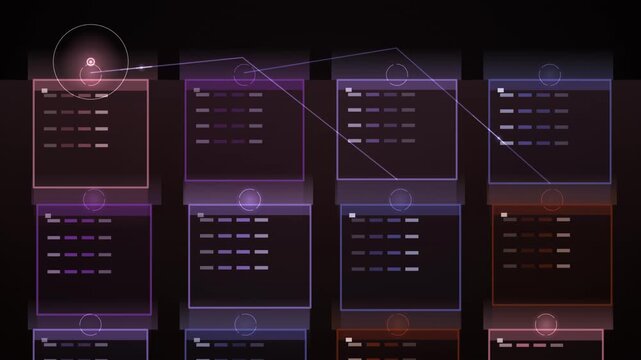 A seamless interface design with multiple panels connected by looping lines against a dark background.