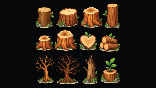 Cartoon tree stump vector set, 12 forest wood logs and dead tree icons, brown timber stumps with green leaves for game assets