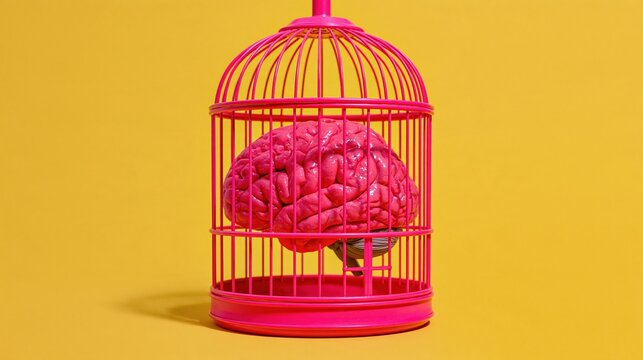 Pink human brain locked inside a bright pink birdcage on a solid yellow background, representing mental confinement, limited mindset, and creative captivity.