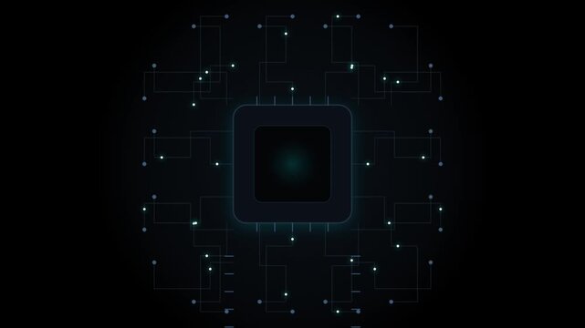 AI microchip with symmetrical neon circuit grid 4k seamless tech background loop 