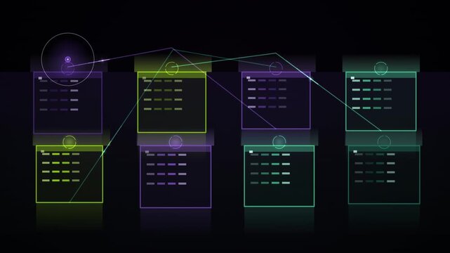 A complex loop of glowing data connections links multiple panels in a dark network system.