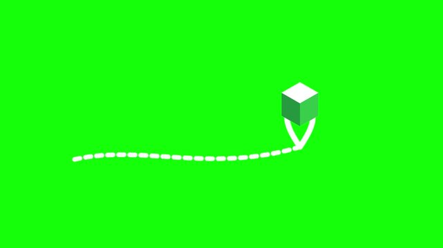 Animated 3 d cube moving along dotted path map route on green screen 3d cube map marker location pin
