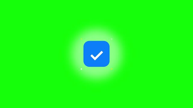 Animated blue checkmark with sparkles on green screen for easy chroma key compositing verified approval