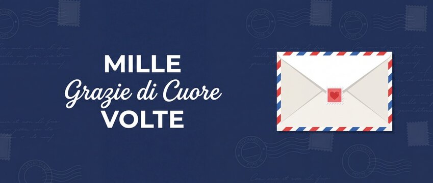 Italian Thank You Card Envelope displaying Mille Grazie di Cuore text on dark blue postal background, classic airmail letter concept for appreciation, gratitude banner design template for messages
