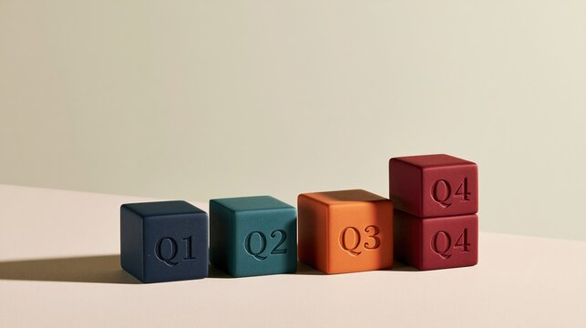 Blocks labeled with Q1, Q2, Q3, and Q4 show a modern growth strategy against a light background in a studio setting.