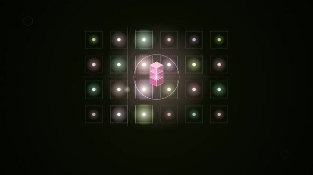 A glowing pink isometric cube rotates seamlessly within a grid of neon square lights.