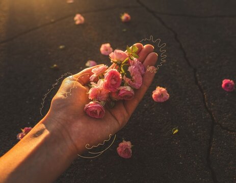 hand holding pink roses