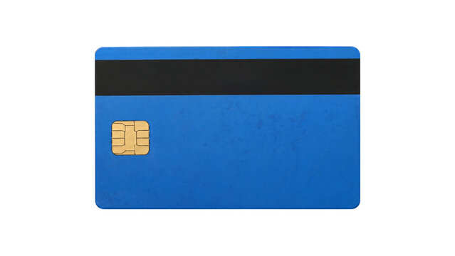 Blue credit card with chip and magnetic stripe on white background