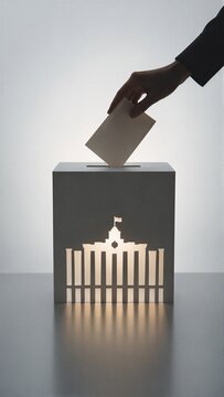 Hand casting ballot into white ballot box with parliament building silhouette. Voting concept for Russian State Duma election. Choice, the right to vote and democracy concept.