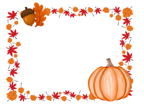 Autumn square frame border decorated with leaves and pumpkin