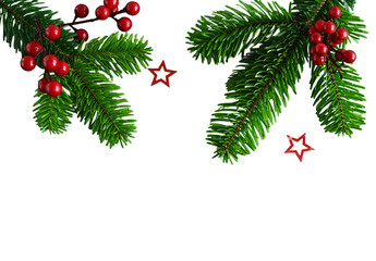 Obraz premium Fir tree branches and red berries frame isolated png on transparent background . Cutout object. Christmas decor design element