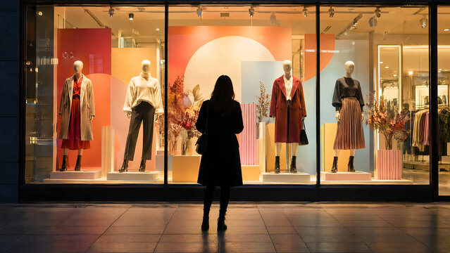 Woman looking at a stylish clothing store window display at night