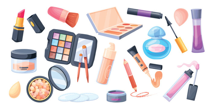Makeup cosmetic products. Make up beauty cosmetics skincare face care lipstick mascara brush powder cream concealer bottle palette tube fashion cartoon set neat vector illustration