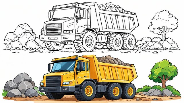Yellow dump truck carrying rocks with a small tree isolated on a white background