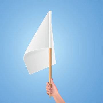 Hand hold white flag. Realistic arm holding small empty blank flags on wooden stick surrender concept 3d template isolated vector illustration