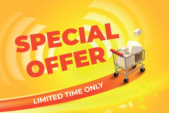 Special offer poster. 3d shopping cart with goods boxes, realistic shop discount store market sale retail deal advertising banner promotion design background vector illustration