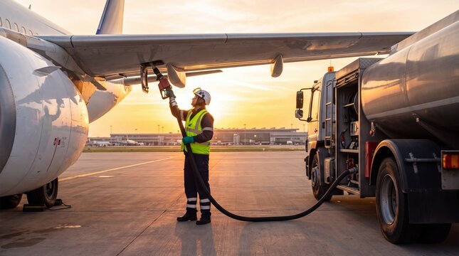 Worker refueling airplane wing from tanker truck on airport tarmac. Man in safety vest and helmet fuels aircraft at sunset. Aviation ground service and fueling logistics concept.