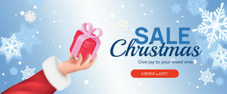 3d christmas sale banner. Santa hand present gift. Winter holiday shopping ad promotion horizontal poster web page design snow snowflake background realistic vector illustration