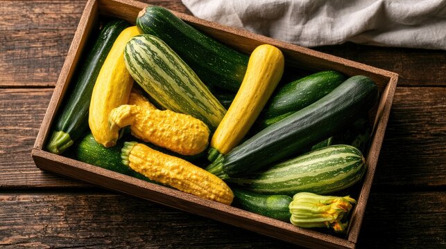 Fresh harvested zucchini and summer squash in a wooden crate on rustic table.