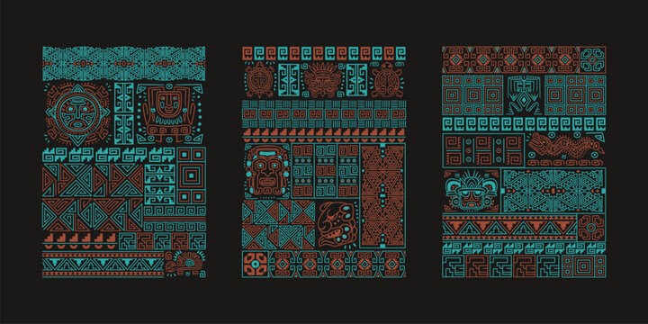 Aztec tribal posters. Mexican Maya ethnic ornament, geometric line pattern peru native american inca mayan african traditional texture background abstract art vector illustration