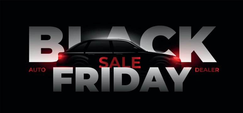 Black friday car sale. Realistic car silhouette luxury dark background, ad promotion banner auto dealer poster special offer discount red headlights shadows 3d vector illustration