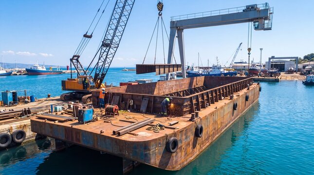 Workers build a ship at a bustling harbor on a sunny day. Cranes lift heavy metal plates as welders create sparks on the deck.